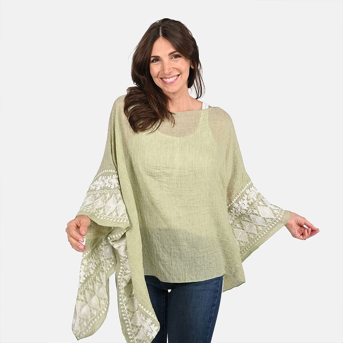 Tamsy Sage Green Boat Neck Embroidered Sleeve Kaftan - One Size Fits Most image number 3