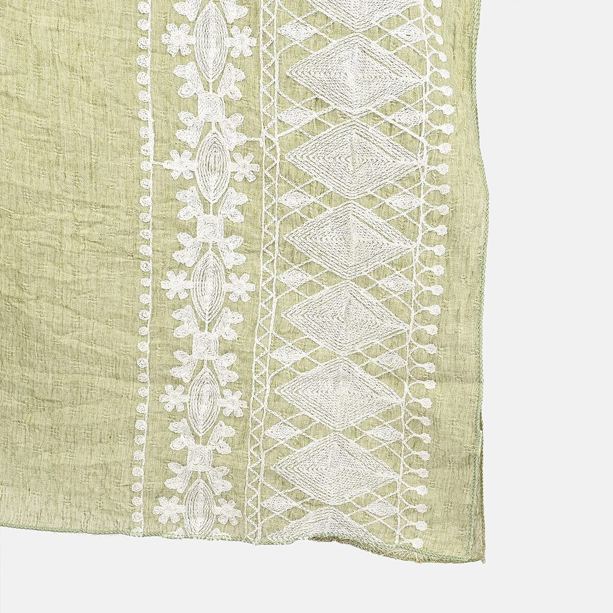 Tamsy Sage Green Boat Neck Embroidered Sleeve Kaftan - One Size Fits Most image number 4