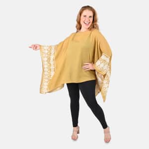 Tamsy Yellow Boat Neck Embroidered Sleeve Kaftan - One Size Fits Most