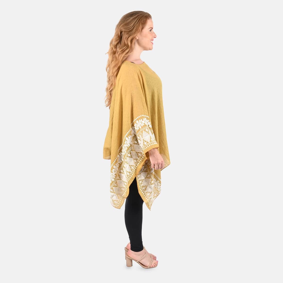 Tamsy Yellow Boat Neck Embroidered Sleeve Kaftan - One Size Fits Most image number 2