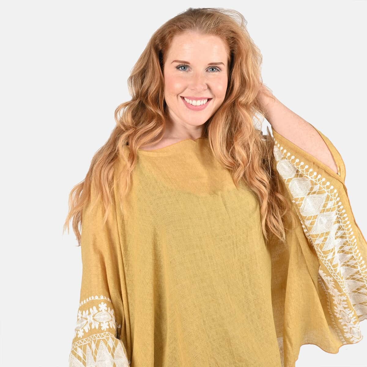 Tamsy Yellow Boat Neck Embroidered Sleeve Kaftan - One Size Fits Most image number 3