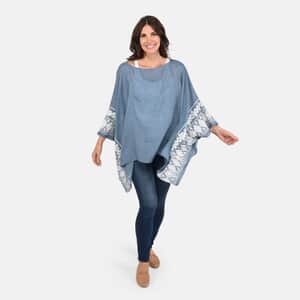 Tamsy Slate Blue Boat Neck Embroidered Sleeve Kaftan - One Size Fits Most