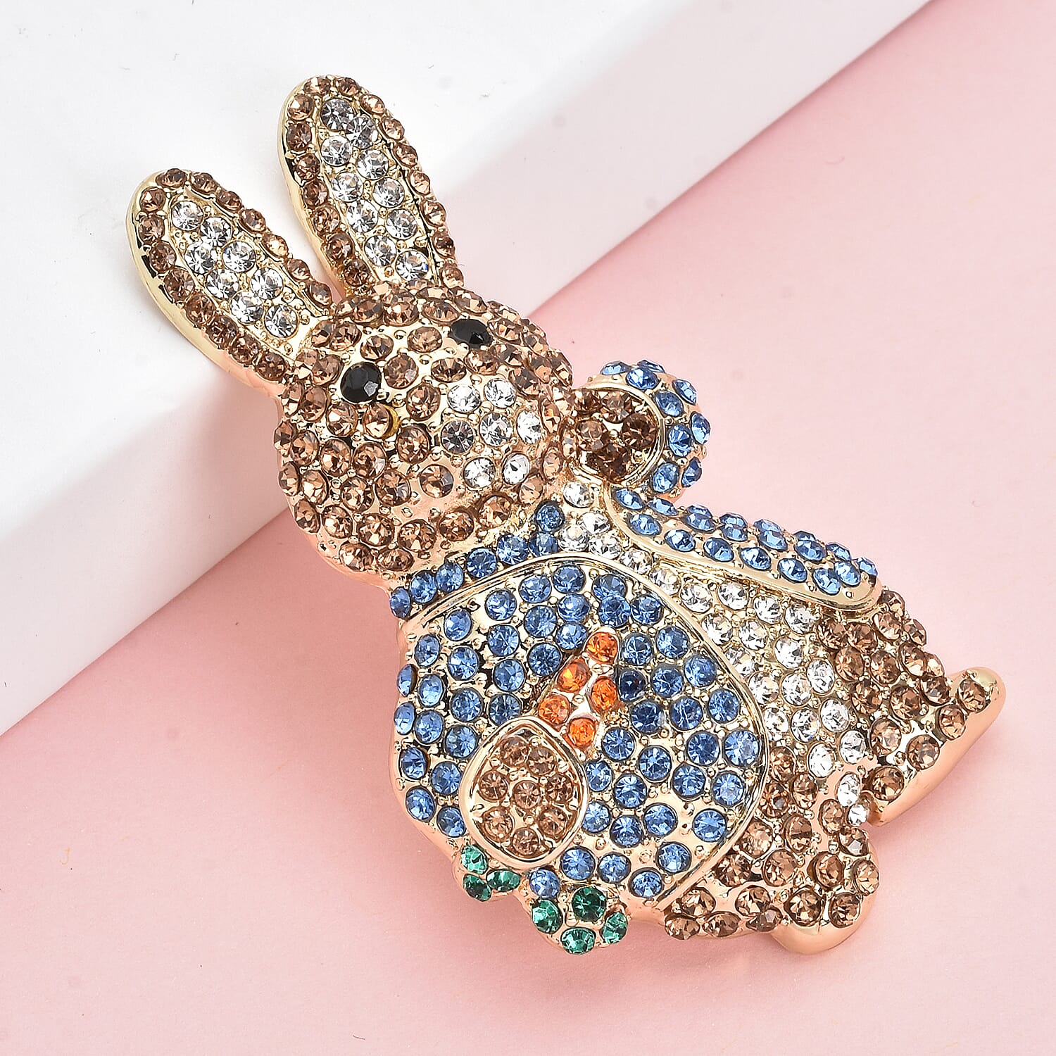 Multi Color Austrian Crystal Rabbit Brooch in Goldtone