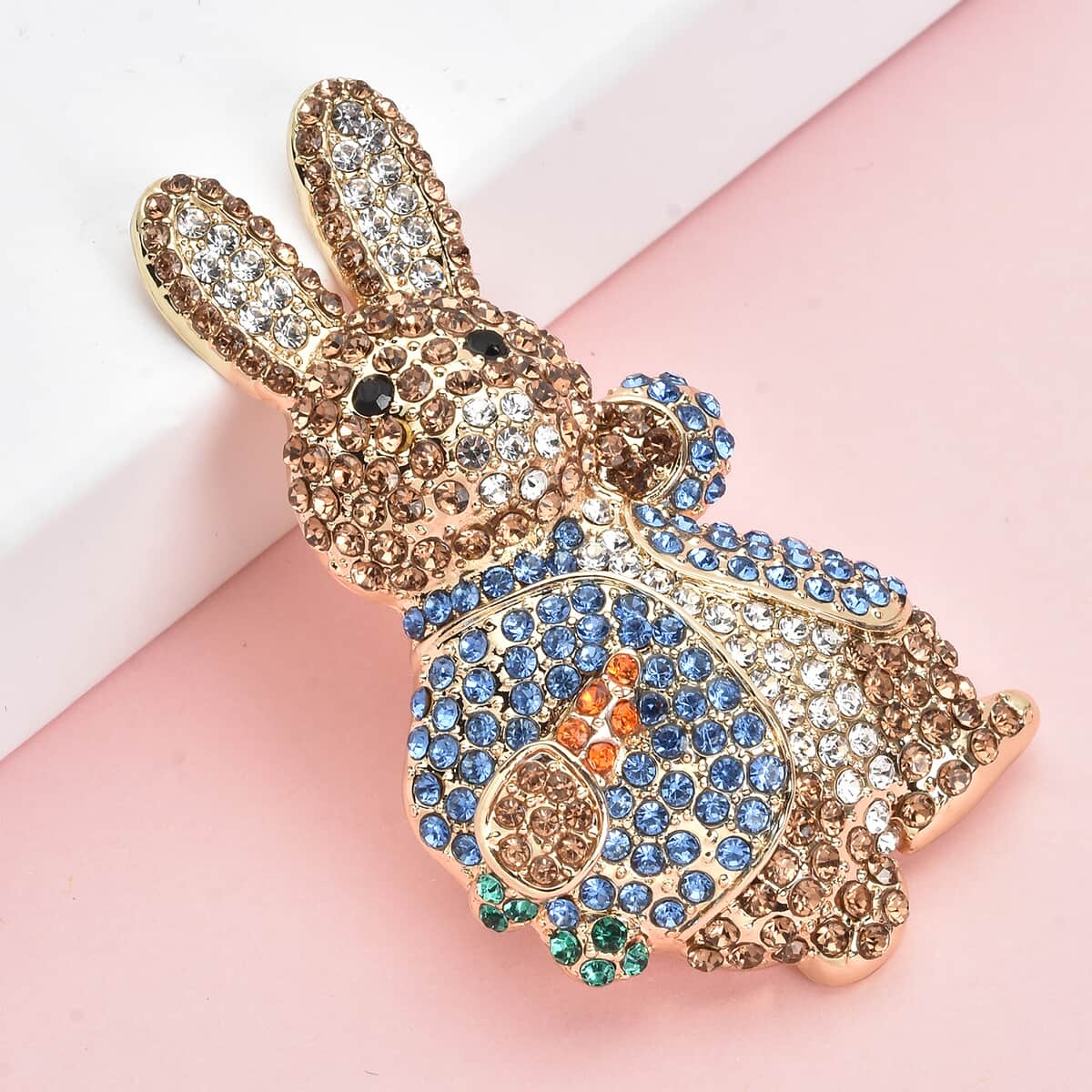 Multi Color Austrian Crystal Rabbit Brooch in Goldtone image number 1