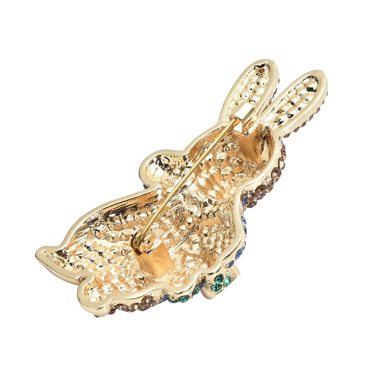 Multi Color Austrian Crystal Rabbit Brooch in Goldtone image number 3