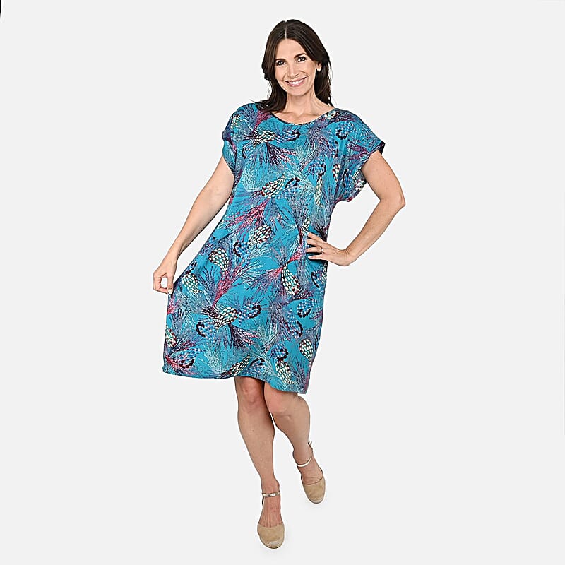 Tamsy Sky Blue Artistic Feather Print Pattern Kaftan (One Size Fit Most)