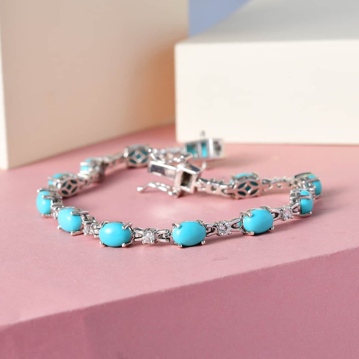 Mexican Turquoise and Natural White Zircon Bracelet in Platinum Over Sterling Silver (7.25 In) 10.35 Grams 9.15 ctw image number 1
