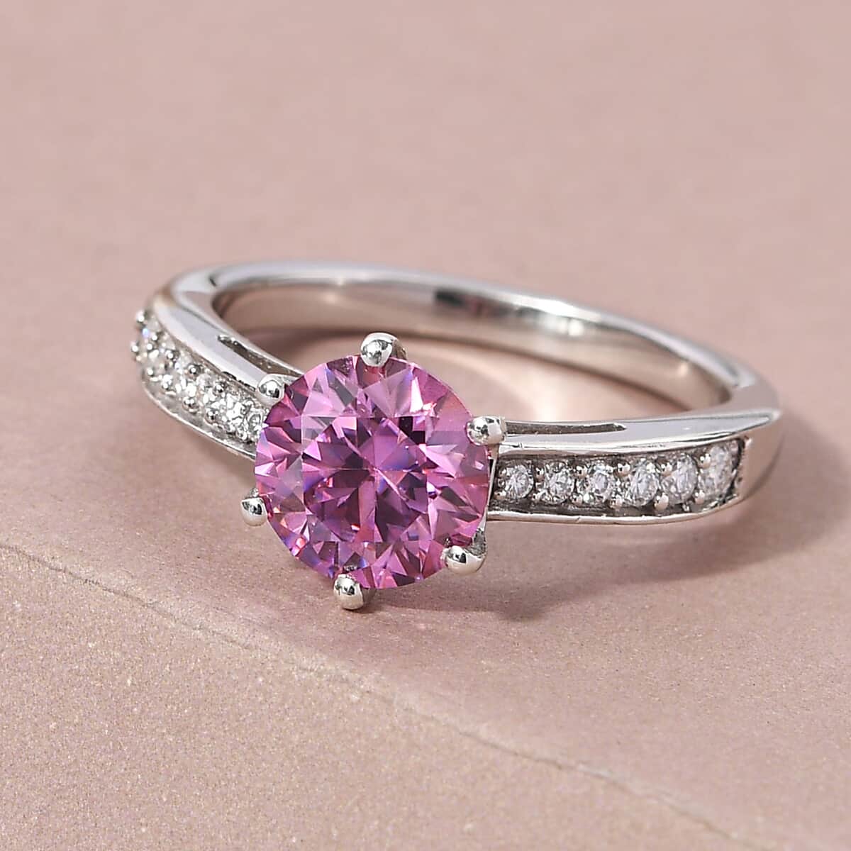 Pink Moissanite and Moissanite Ring in Platinum Over Sterling Silver (Size 10.0) 1.35 ctw image number 1