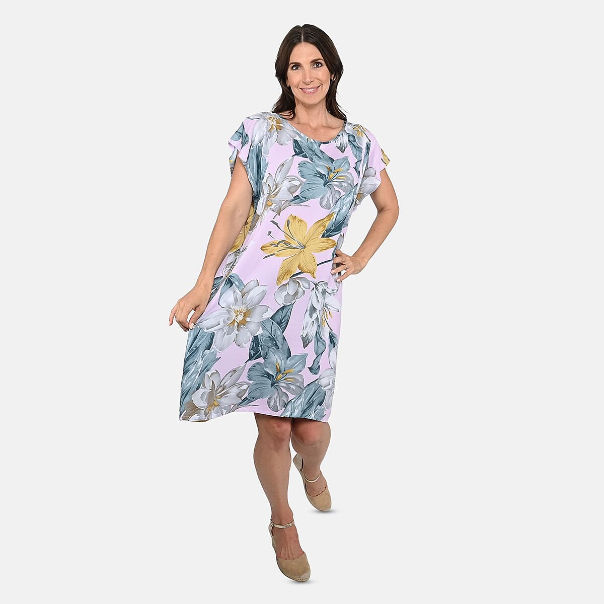 Tamsy White with Blue Floral Print Pattern Kaftan (One Size Fit Most) image number 0