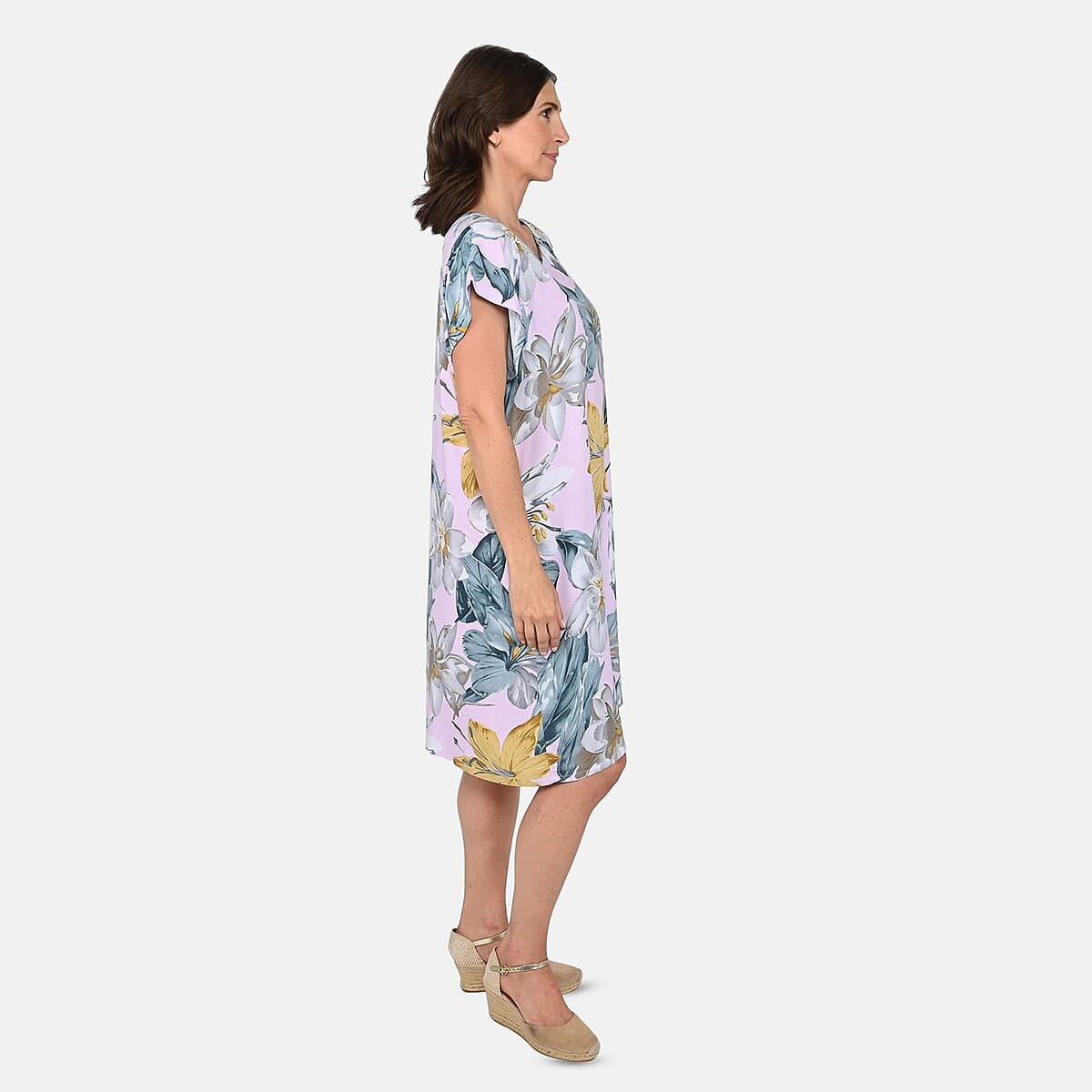 Tamsy White with Blue Floral Print Pattern Kaftan (One Size Fit Most) image number 2