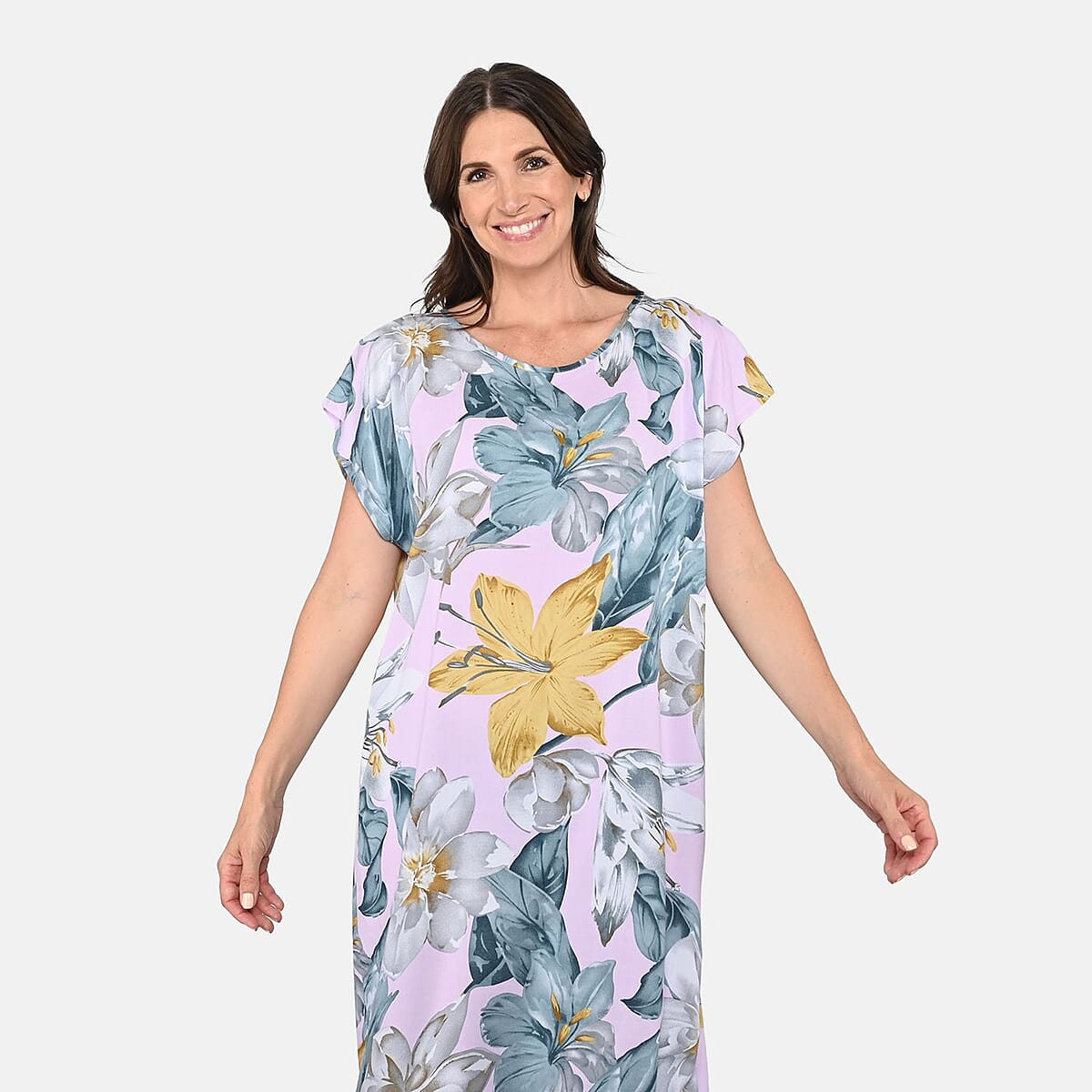 Tamsy White with Blue Floral Print Pattern Kaftan (One Size Fit Most) image number 3