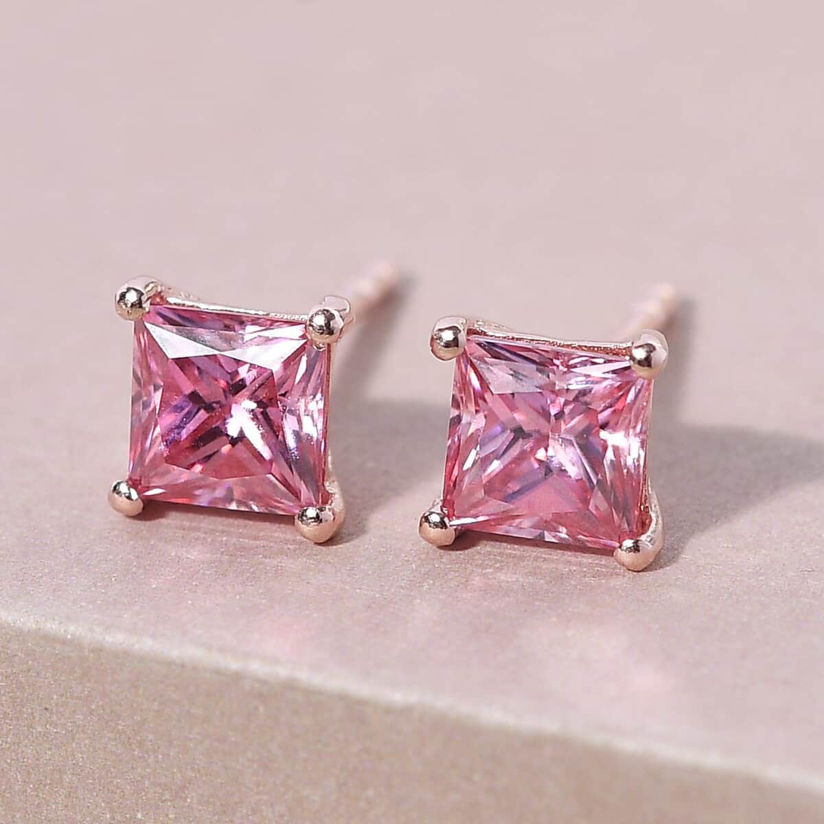 Princess Cut Pink Moissanite Solitaire Stud Earrings in Vermeil RG Over Sterling Silver 1.40 ctw image number 1