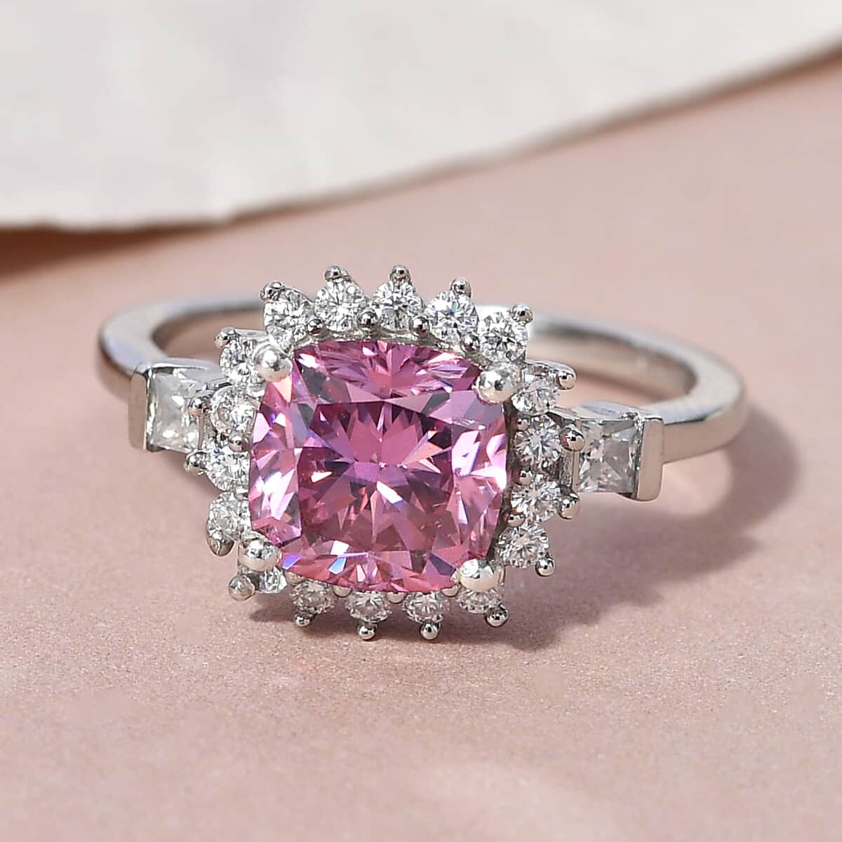 Pink Moissanite VS and White Moissanite Cocktail Ring in Platinum Over Sterling Silver 2.10 ctw image number 1
