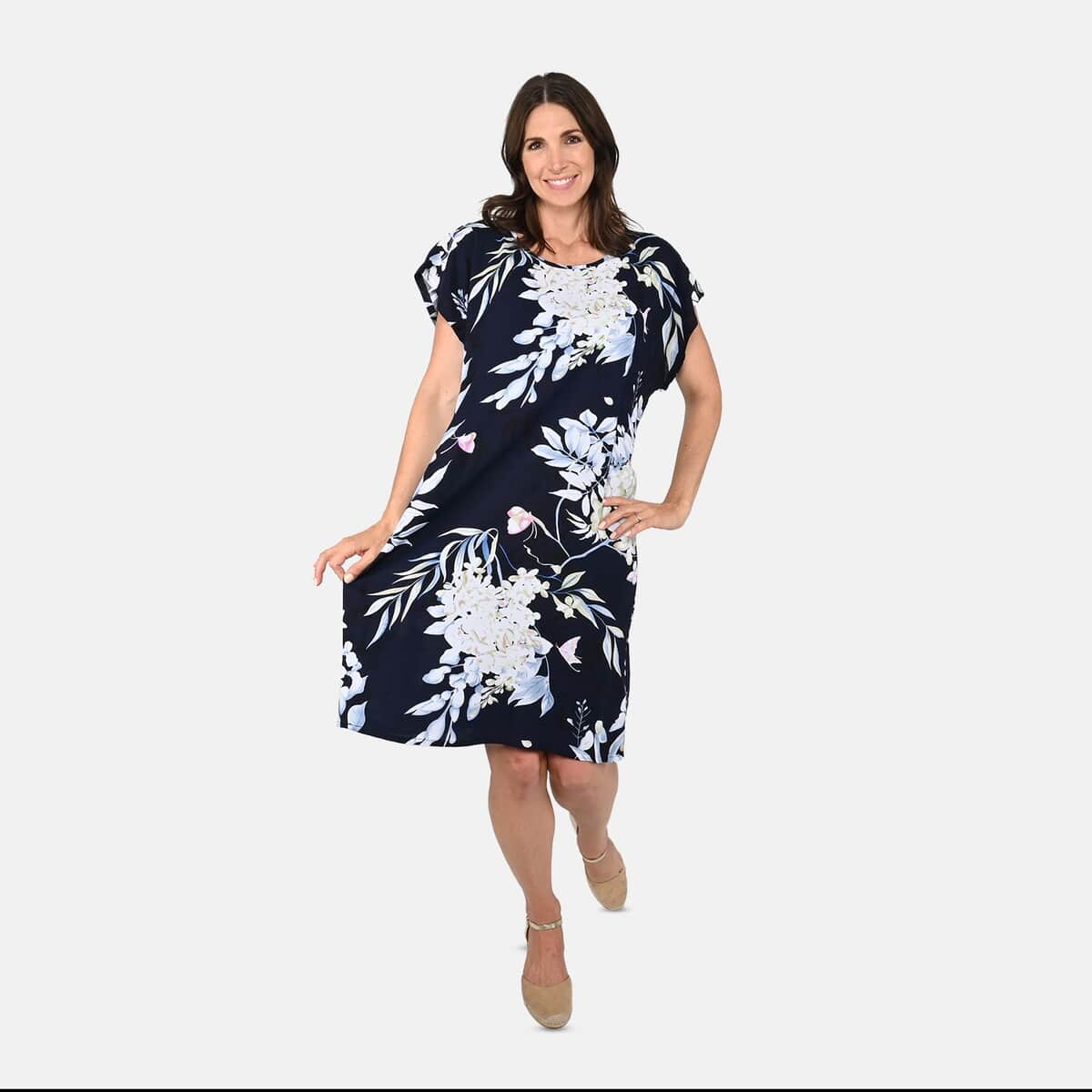 Tamsy Navy Blue Tropical Floral Print Pattern Kaftan (One Size Fit Most) image number 0