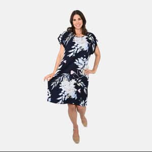 Tamsy Navy Blue Tropical Floral Print Pattern Kaftan (One Size Fit Most)