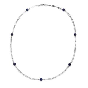 Lapis Lazuli 17.50 ctw 7-9mm Beaded Paper Clip Station Necklace in Stainless Steel 28 Inches, Tarnish-Free, Waterproof, Sweat Proof Jewelry