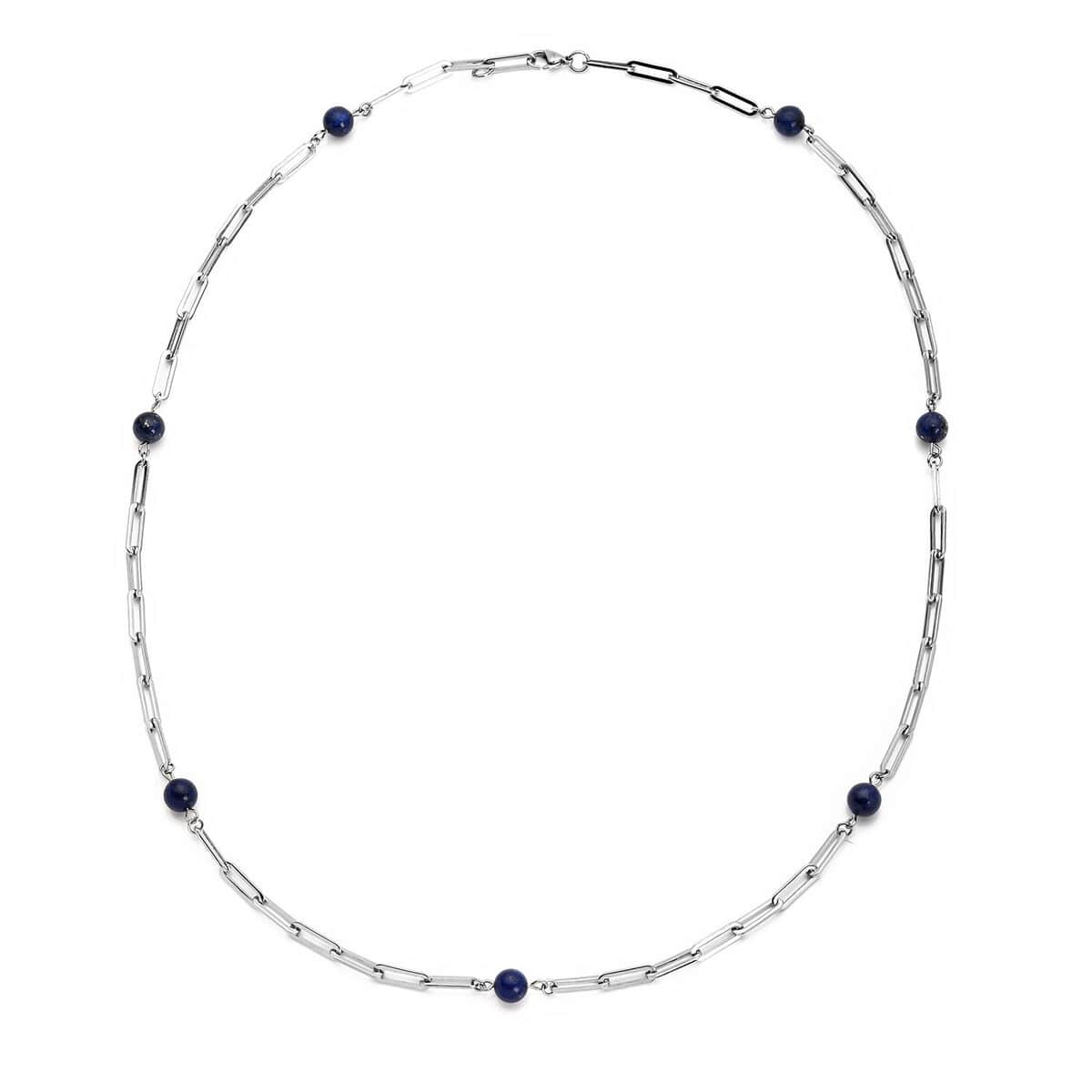Lapis Lazuli 7-9mm Beaded Paper Clip Station Necklace (28 Inches) in Stainless Steel 17.50 ctw , Tarnish-Free, Waterproof, Sweat Proof Jewelry image number 0