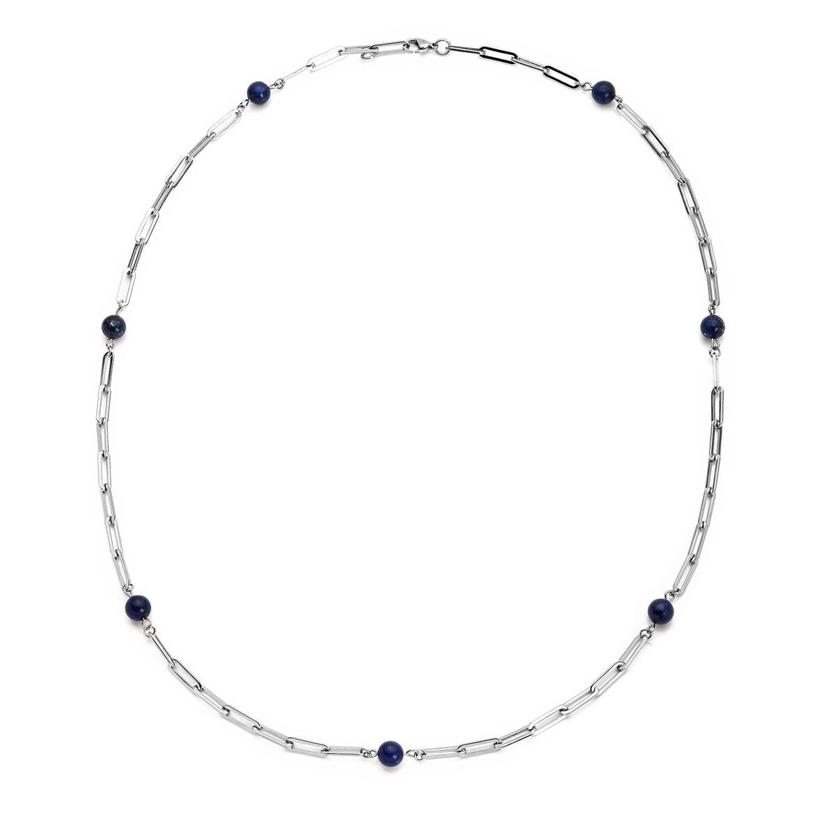 Lapis Lazuli 7-9mm Beaded Paper Clip Station Necklace (28 Inches) in Stainless Steel 17.50 ctw , Tarnish-Free, Waterproof, Sweat Proof Jewelry image number 0