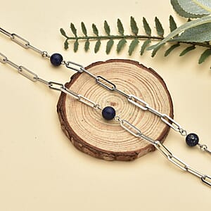 Lapis Lazuli 17.50 ctw 7-9mm Beaded Paper Clip Station Necklace in Stainless Steel 28 Inches, Tarnish-Free, Waterproof, Sweat Proof Jewelry