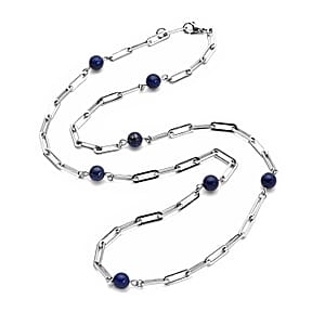 Lapis Lazuli 17.50 ctw 7-9mm Beaded Paper Clip Station Necklace in Stainless Steel 28 Inches, Tarnish-Free, Waterproof, Sweat Proof Jewelry
