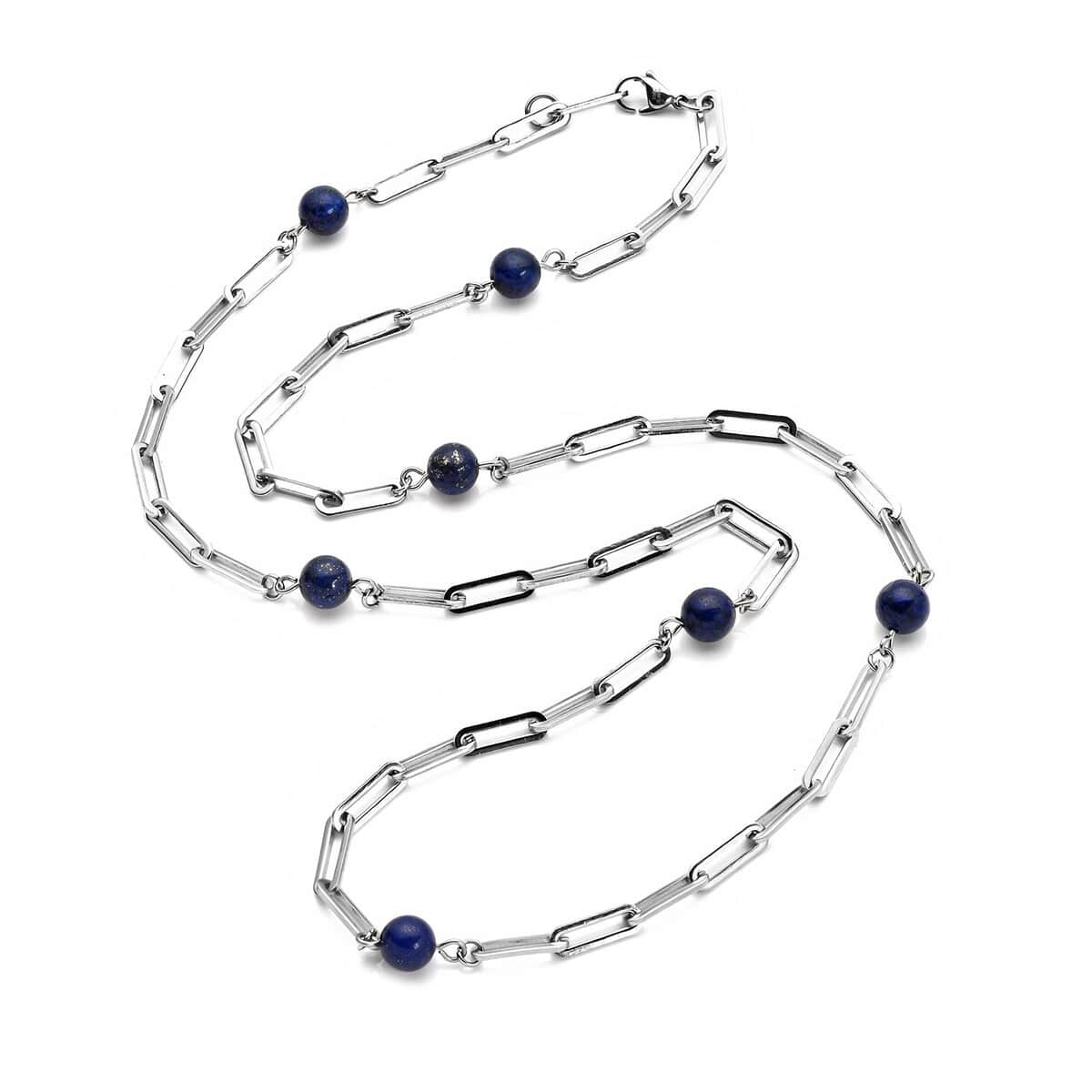 Lapis Lazuli 7-9mm Beaded Paper Clip Station Necklace (28 Inches) in Stainless Steel 17.50 ctw , Tarnish-Free, Waterproof, Sweat Proof Jewelry image number 2