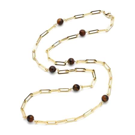 Yellow Tiger's Eye 7-9mm Beaded Paper Clip Station Necklace (28 Inches) in ION Plated YG Stainless Steel 17.50 ctw , Tarnish-Free, Waterproof, Sweat Proof Jewelry image number 2