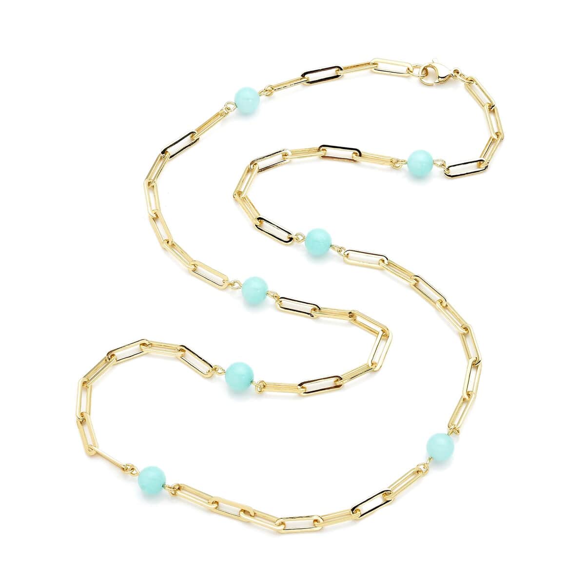 Amazonite 7-9mm Beaded Paper Clip Station Necklace (28 Inches) in ION Plated YG Stainless Steel 17.50 ctw | Tarnish-Free, Waterproof, Sweat Proof Jewelry image number 2