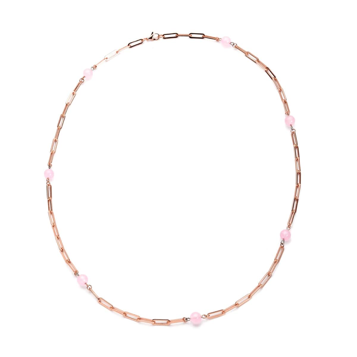Galilea Rose Quartz 7-9mm Beaded Paper Clip Station Necklace 28 Inches in ION Plated Rose Gold Stainless Steel 17.50 ctw image number 0