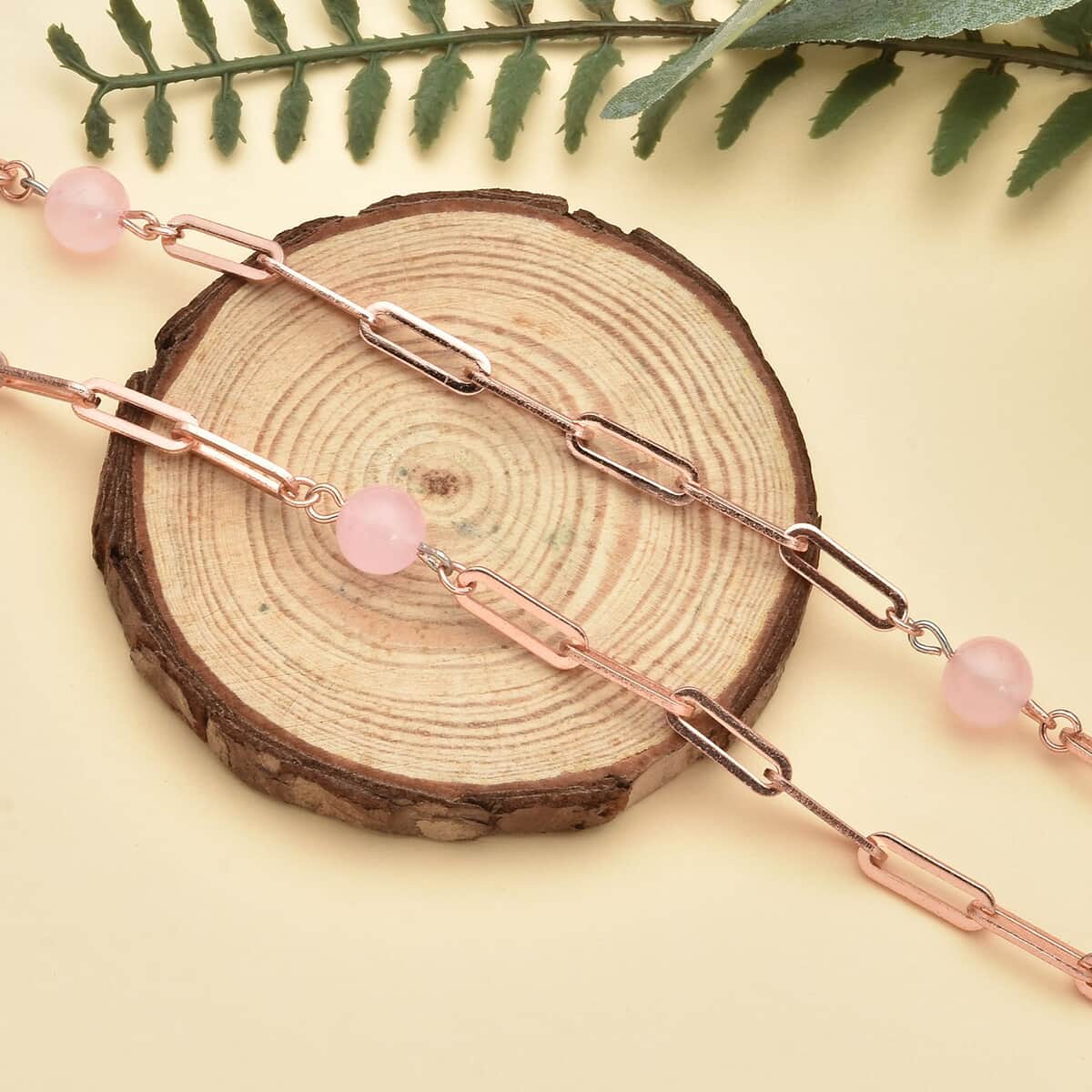 Galilea Rose Quartz 7-9mm Beaded Paper Clip Station Necklace 28 Inches in ION Plated Rose Gold Stainless Steel 17.50 ctw image number 1