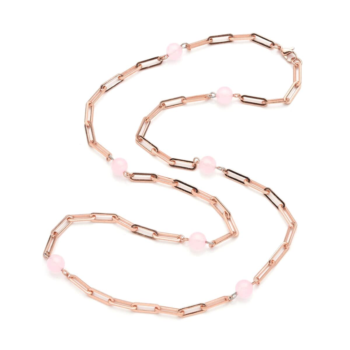 Galilea Rose Quartz 7-9mm Beaded Paper Clip Station Necklace 28 Inches in ION Plated Rose Gold Stainless Steel 17.50 ctw image number 2