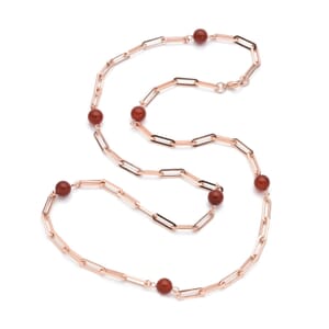 Red Agate 17.50 ctw 7-9mm Beaded Paper Clip Station Necklace in ION Plated RG Stainless Steel 28 Inches, Tarnish-Free, Waterproof, Sweat Proof Jewelry