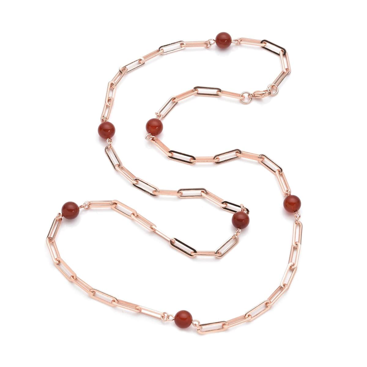 Red Agate 7-9mm Beaded Paper Clip Station Necklace (28 Inches) in ION Plated RG Stainless Steel 17.50 ctw , Tarnish-Free, Waterproof, Sweat Proof Jewelry image number 0