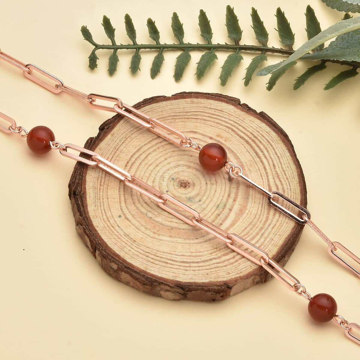 Red Agate 7-9mm Beaded Paper Clip Station Necklace (28 Inches) in ION Plated RG Stainless Steel 17.50 ctw , Tarnish-Free, Waterproof, Sweat Proof Jewelry image number 1