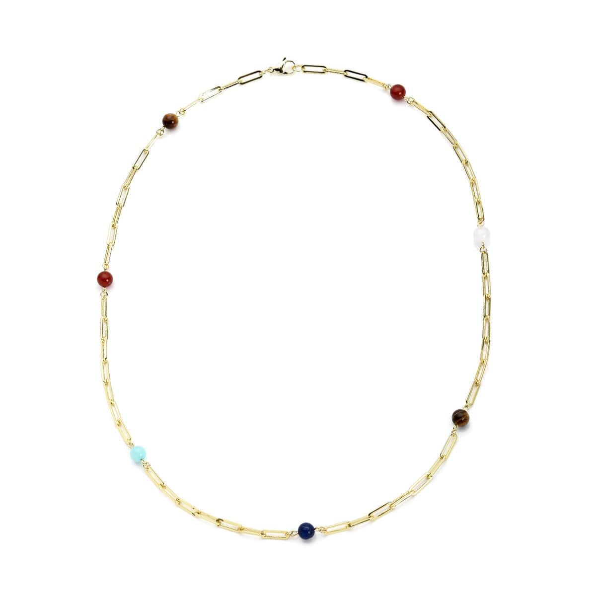 Multi Gemstone 7-9mm Beaded Paper Clip Station Necklace 28 Inches in ION Plated Yellow Gold Stainless Steel 17.50 ctw image number 0