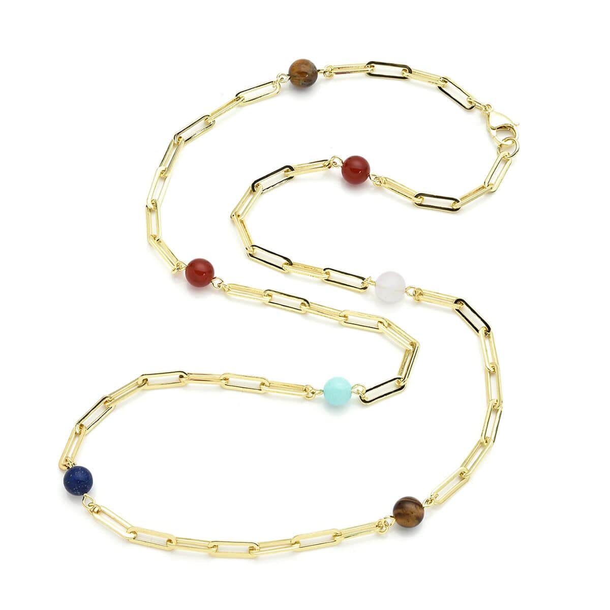 Multi Gemstone 7-9mm Beaded Paper Clip Station Necklace 28 Inches in ION Plated Yellow Gold Stainless Steel 17.50 ctw image number 2