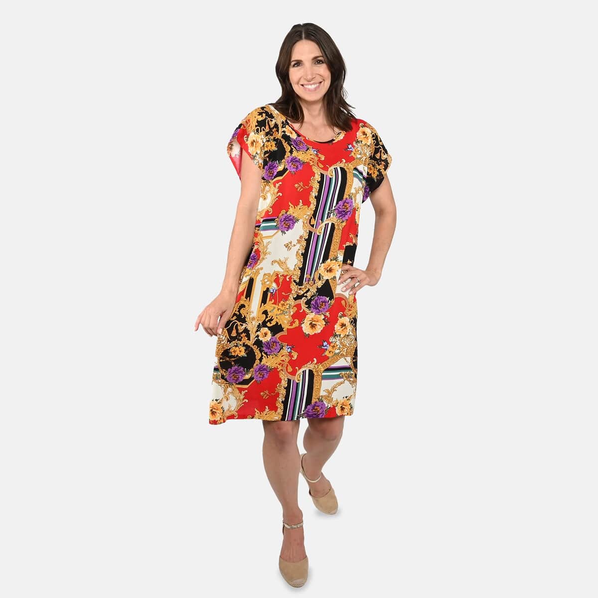 Tamsy Viscose Print Kaftan with Red and Gold Print (One Size Fit Most) image number 0