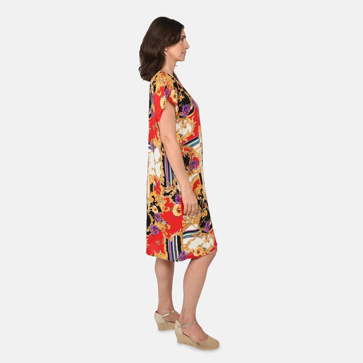 Tamsy Viscose Print Kaftan with Red and Gold Print (One Size Fit Most) image number 2