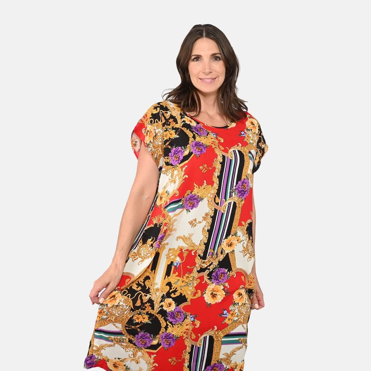 Tamsy Viscose Print Kaftan with Red and Gold Print (One Size Fit Most) image number 3