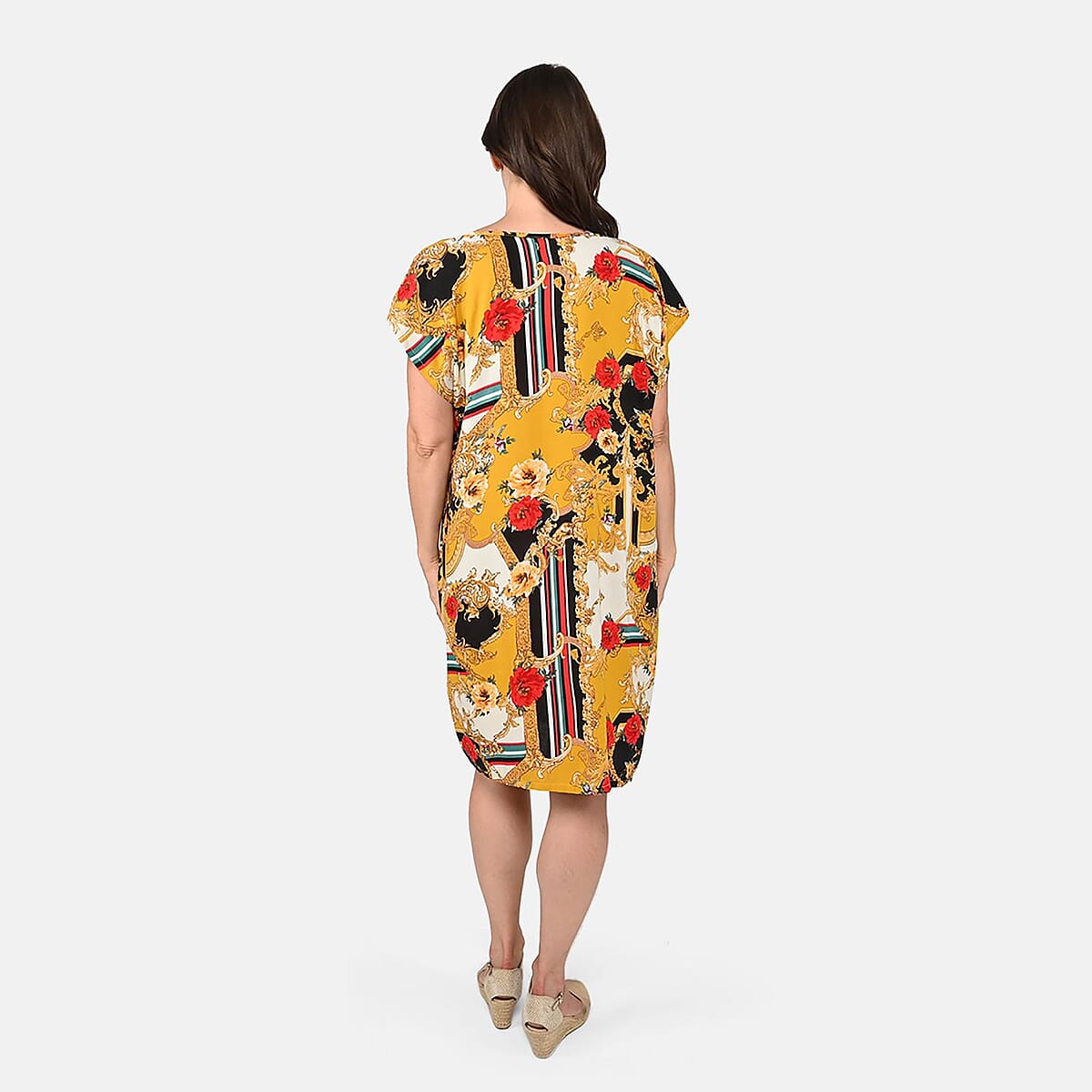 Tamsy Yellow with Red Vine and Floral Print Pattern Kaftan (One Size Fit Most) image number 1