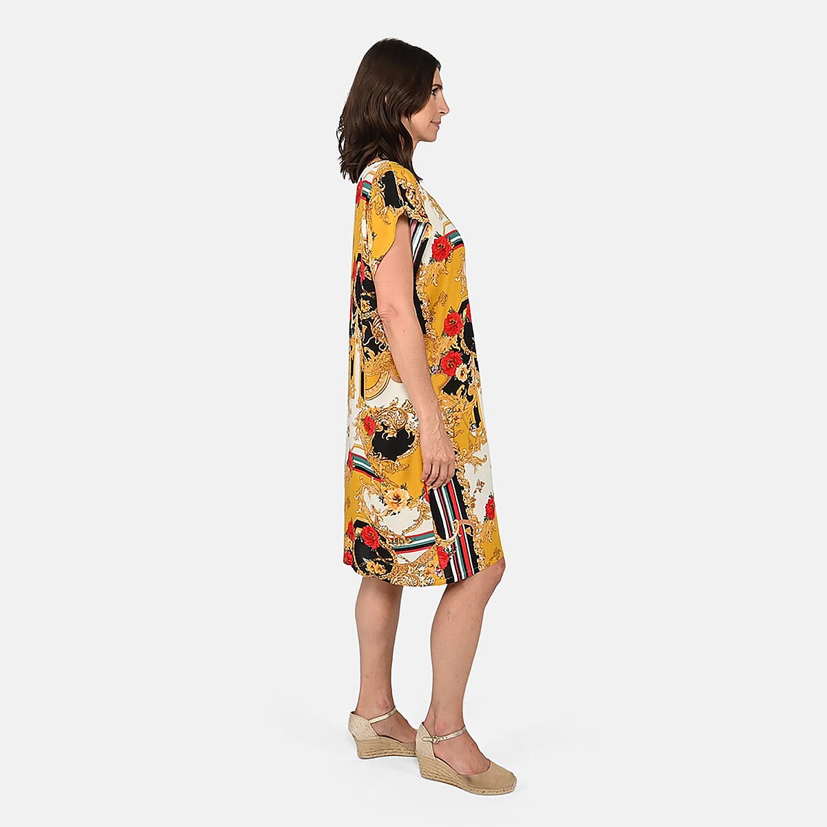 Tamsy Yellow with Red Vine and Floral Print Pattern Kaftan (One Size Fit Most) image number 2
