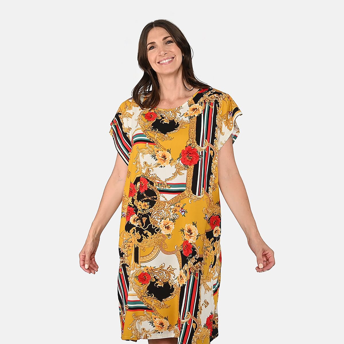 Tamsy Yellow with Red Vine and Floral Print Pattern Kaftan (One Size Fit Most) image number 3