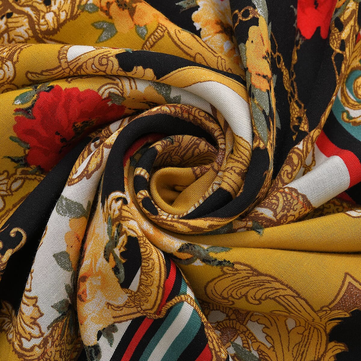 Tamsy Yellow with Red Vine and Floral Print Pattern Kaftan (One Size Fit Most) image number 5