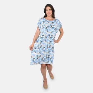 Tamsy Blue Leaves Print Pattern Kaftan (One Size Fit Most)