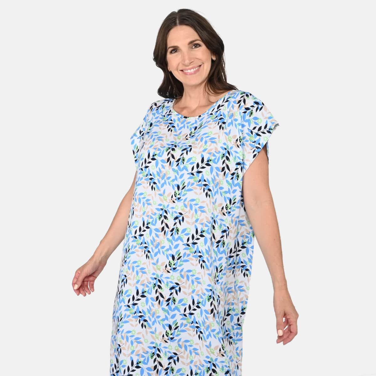 Tamsy Blue Leaves Print Pattern Kaftan (One Size Fit Most) image number 3