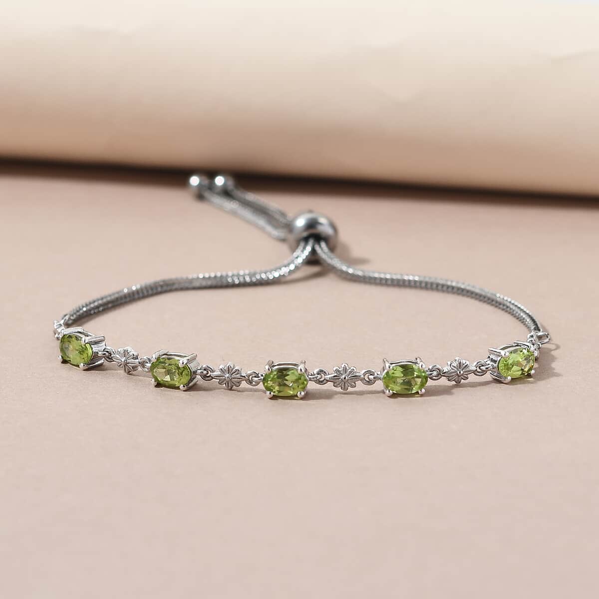 Peridot Bolo Bracelet in Platinum Over Sterling Silver and Stainless Steel 2.50 ctw image number 4
