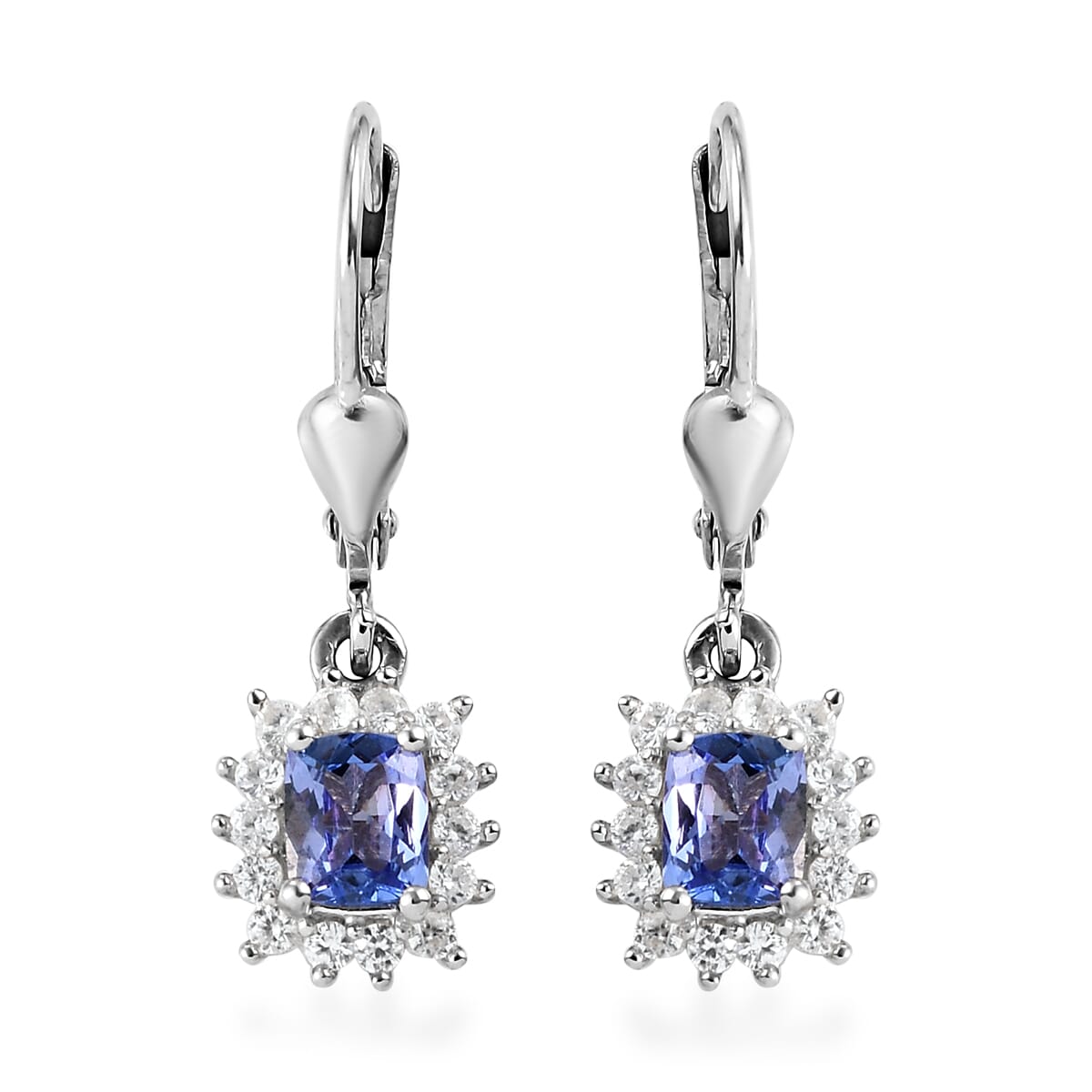 Tanzanite and Natural White Zircon Lever Back Earrings in Platinum Over Sterling Silver 1.50 ctw image number 0