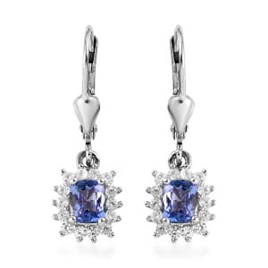 Tanzanite and Natural White Zircon Lever Back Earrings in Platinum Over Sterling Silver 1.50 ctw