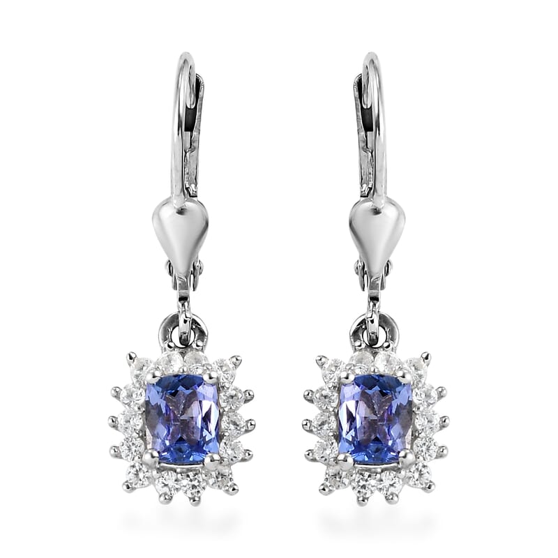Tanzanite and Natural White Zircon Lever Back Earrings in Platinum Over Sterling Silver 1.50 ctw