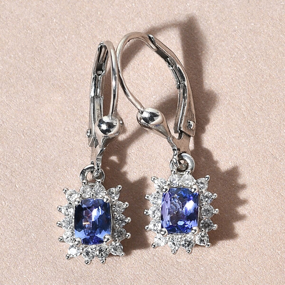 Tanzanite and Natural White Zircon Lever Back Earrings in Platinum Over Sterling Silver 1.50 ctw image number 1