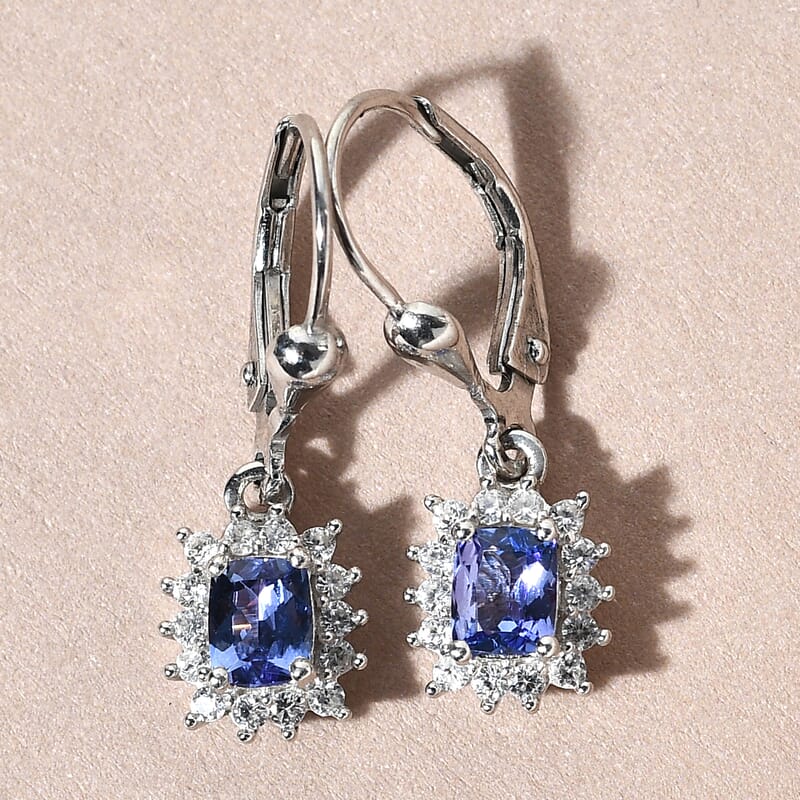 Tanzanite and Natural White Zircon Lever Back Earrings in Platinum Over Sterling Silver 1.50 ctw